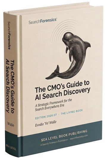 Cover of The CMO's Guide to AI Search Discovery, Edition 2026.07, by Evodio Vo Walle, with a pilot whale and sonar arcs
