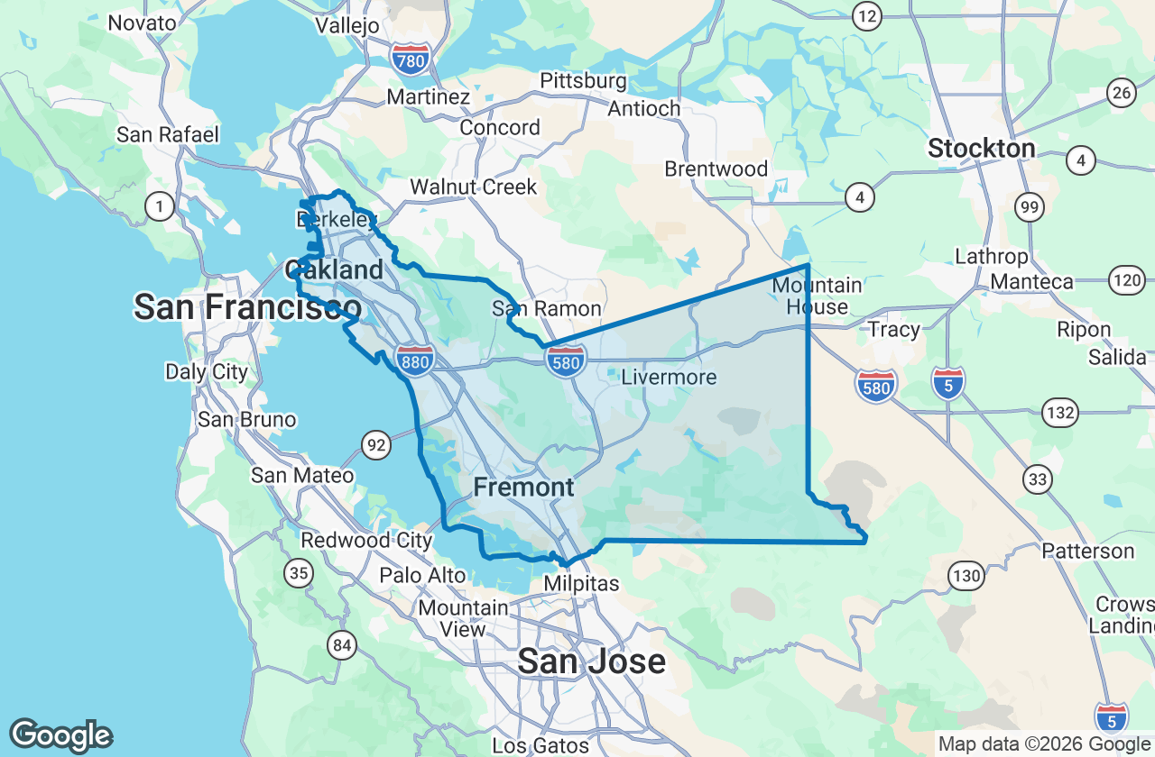 Map of Alameda County with its boundary outlined
