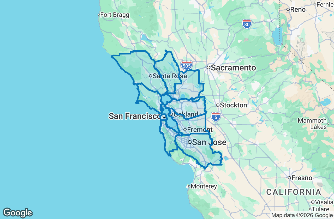 Map of the nine-county San Francisco Bay Area with its boundary outlined