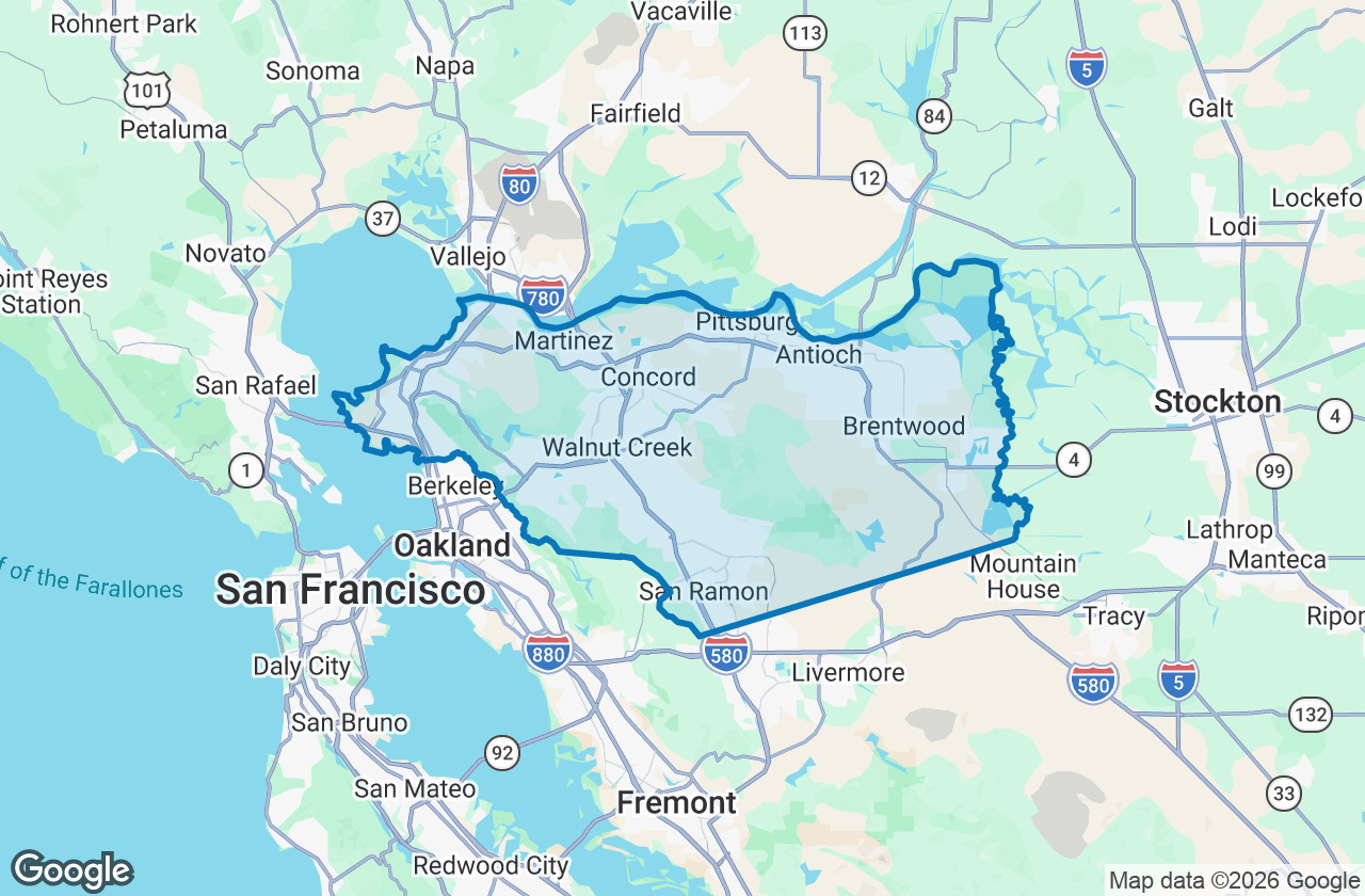 Map of Contra Costa County with its boundary outlined