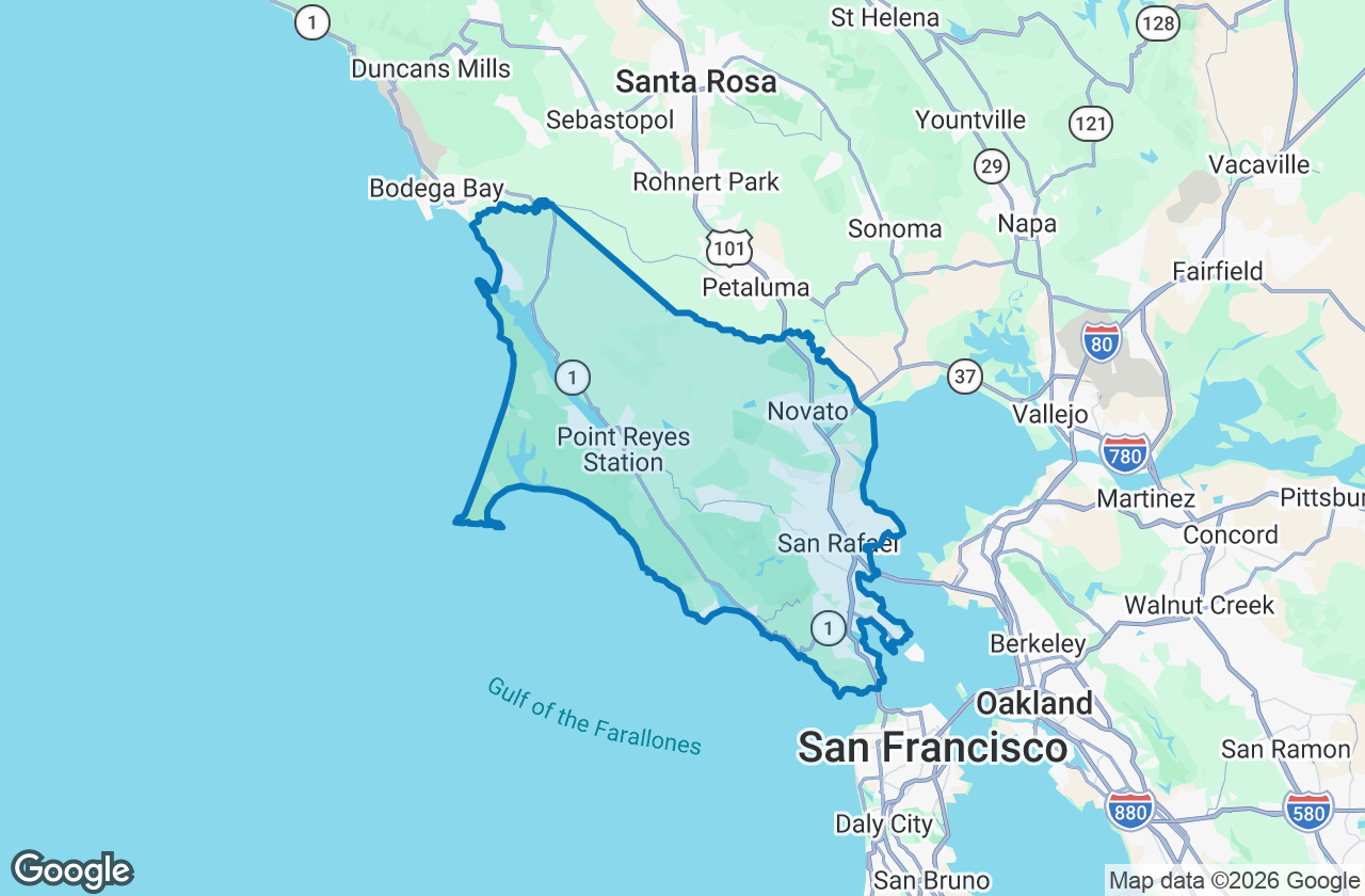 Map of Marin County with its boundary outlined