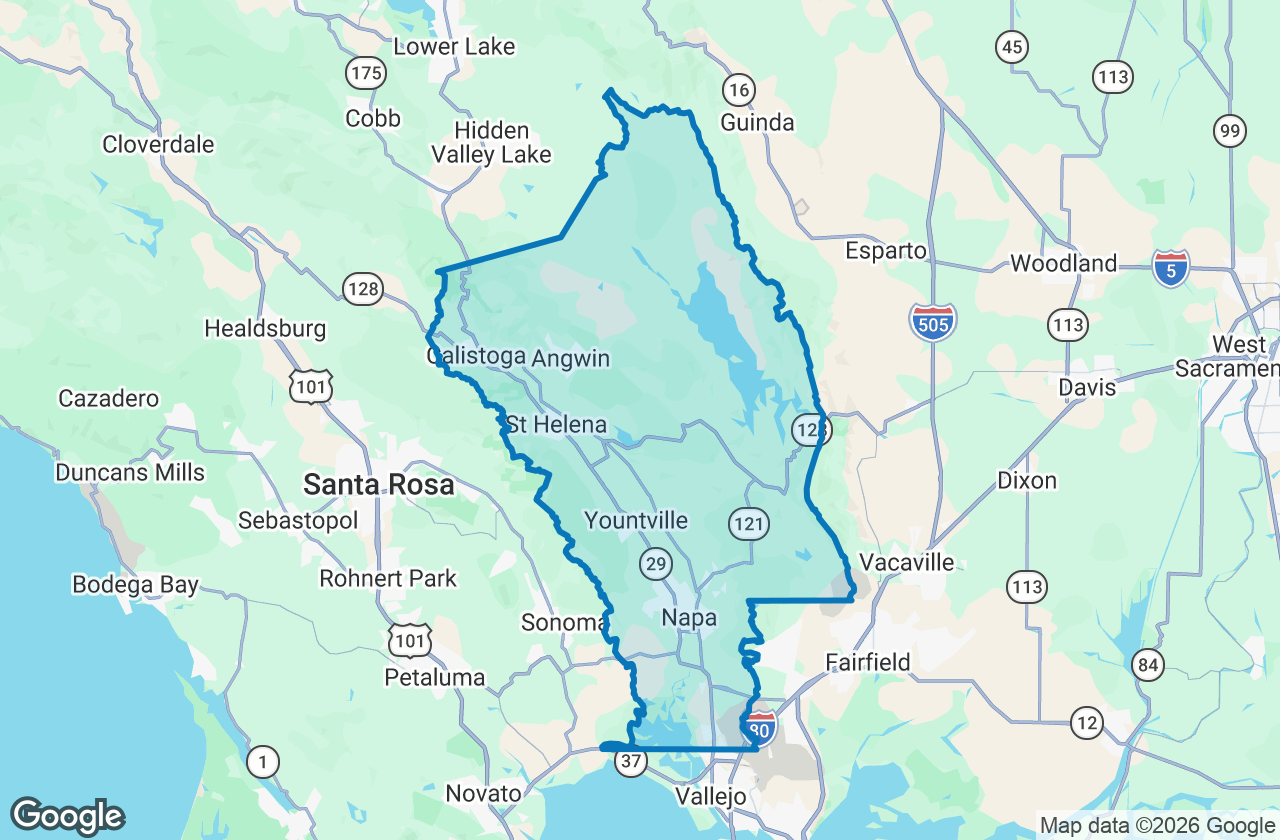 Map of Napa County with its boundary outlined