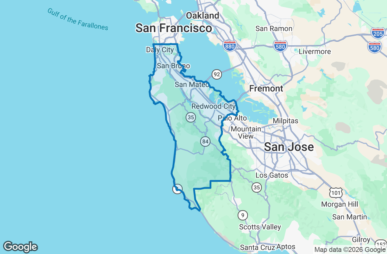 Map of San Mateo County with its boundary outlined