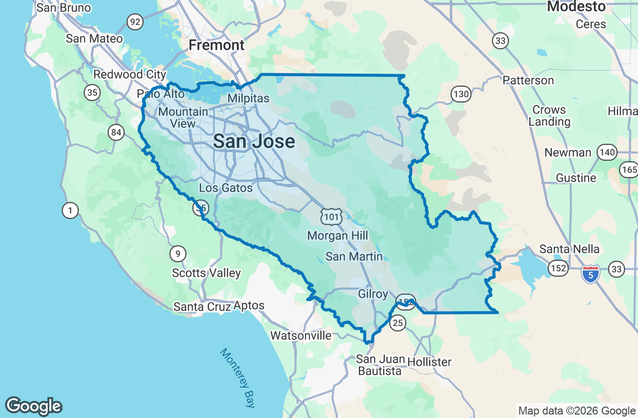 Map of Santa Clara County with its boundary outlined