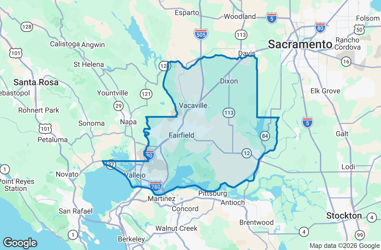 Map of Solano County with its boundary outlined