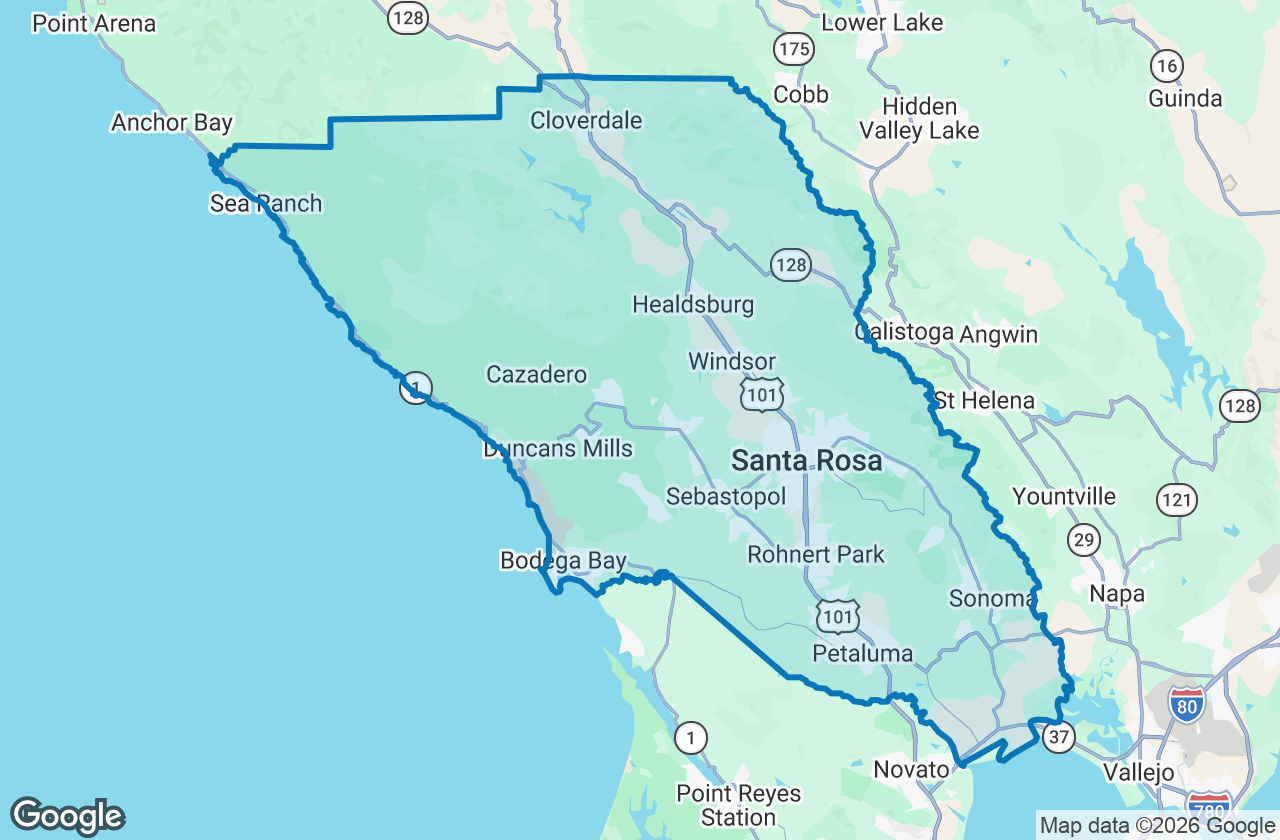 Map of Sonoma County with its boundary outlined